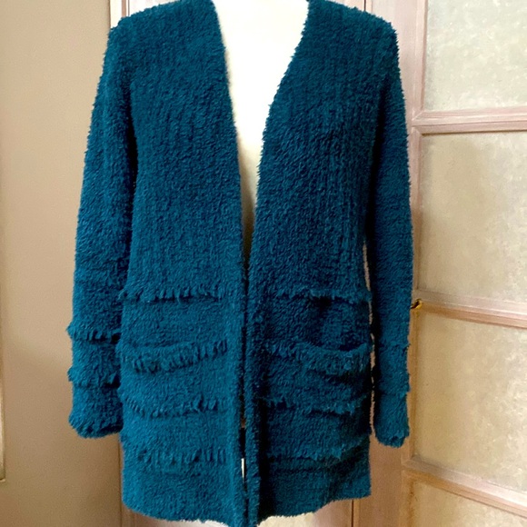 Barefoot Dreams Fringe Cardigan CozyChic Boardwalk Open Front Teal XS - Picture 2 of 9